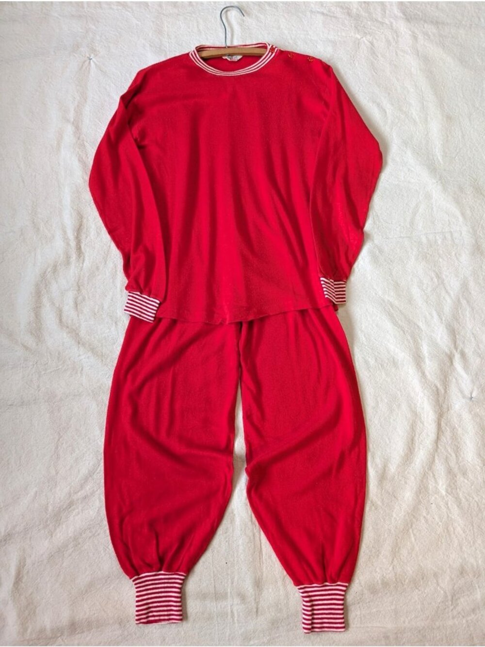 Hanes Vintage 60s Suede Knit Red Leisure Pajama 2 Piece Sweat Set Size LG